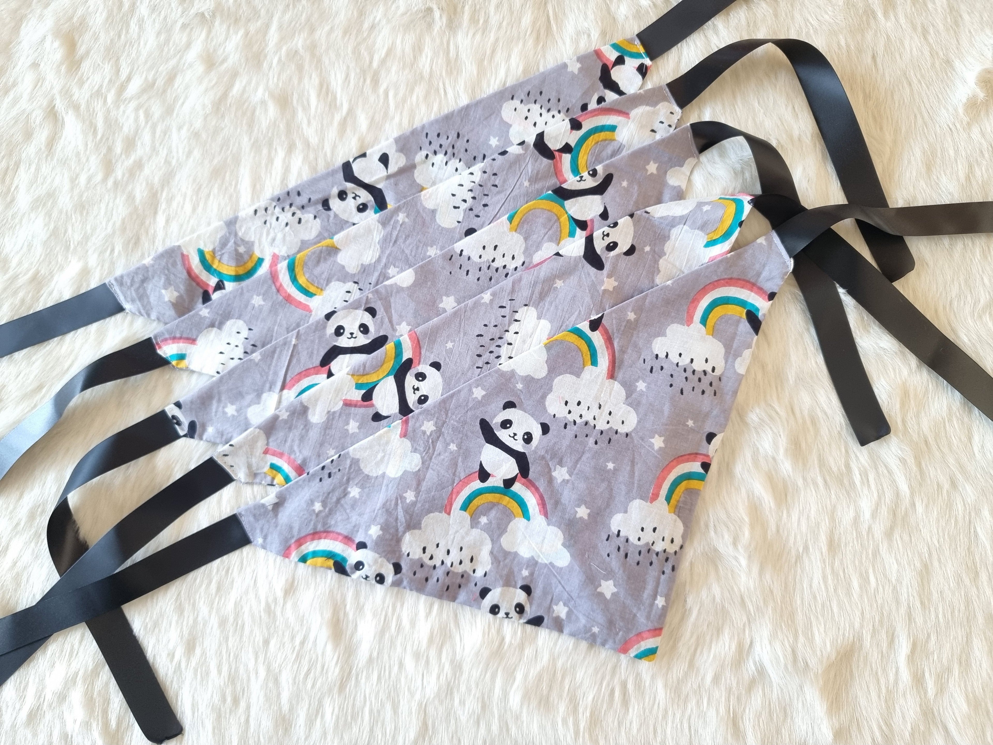 Grey Bandana with Rainbows and Panda | Soft Cotton Tie-On Bandana for Dogs- Bundle of 5